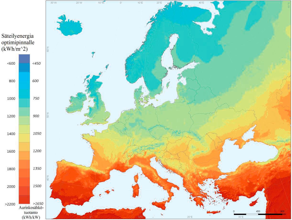 Energiamäärät perustuvat 10 vuoden säteilykeskiarvoon.
