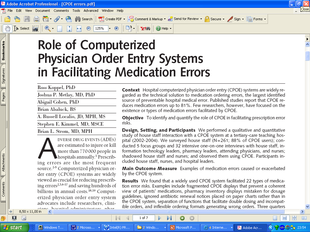 JAMA March 9, 2005 22 eri tilannetta, joissa tietokone johti lääkitysvirheeseen: mm.