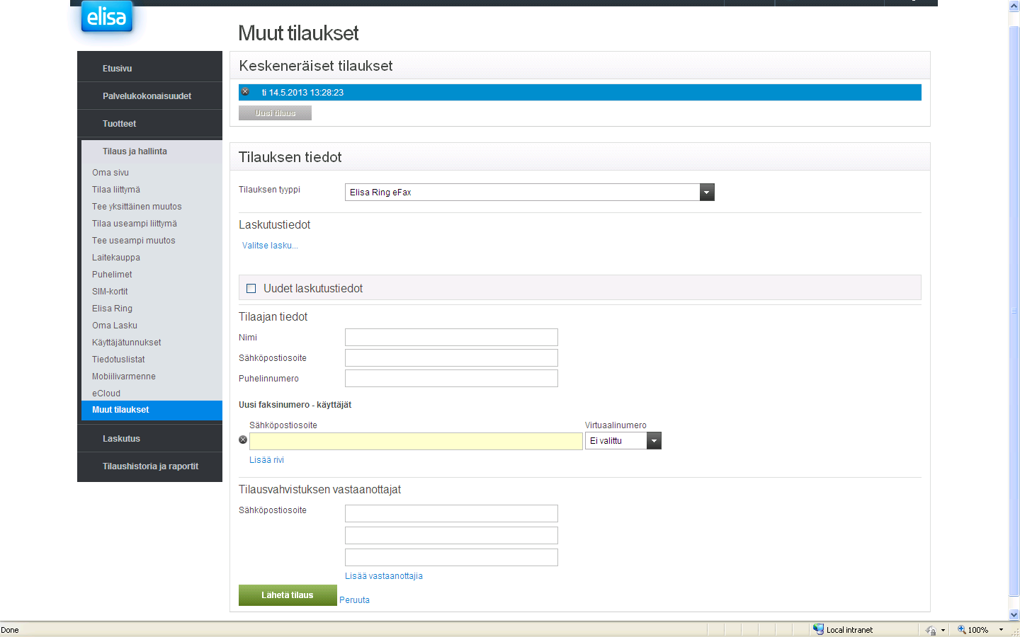 Muut tilaukset: Elisa Ring efax Tilaa efax: 1. Valitse laskutustiedot tai luo uudet laskutustiedot. 2.