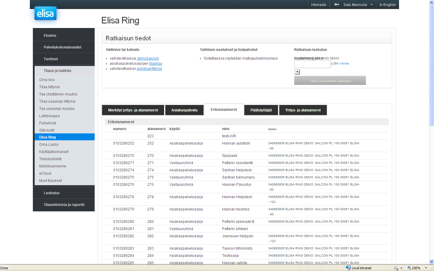 Elisa Ring -Erikoisnumerot Erikoisnumerot välilehdeltä voi tilata uusia vastausryhmiä ja ACD