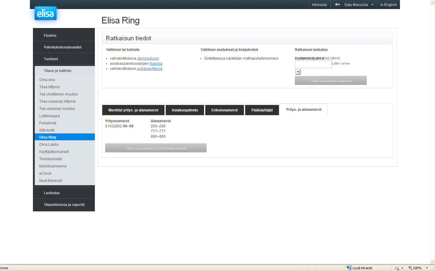 Elisa Ring -välilehti Yritys- ja alanumerot välilehdellä näkyy yrityksen numerointi sekä