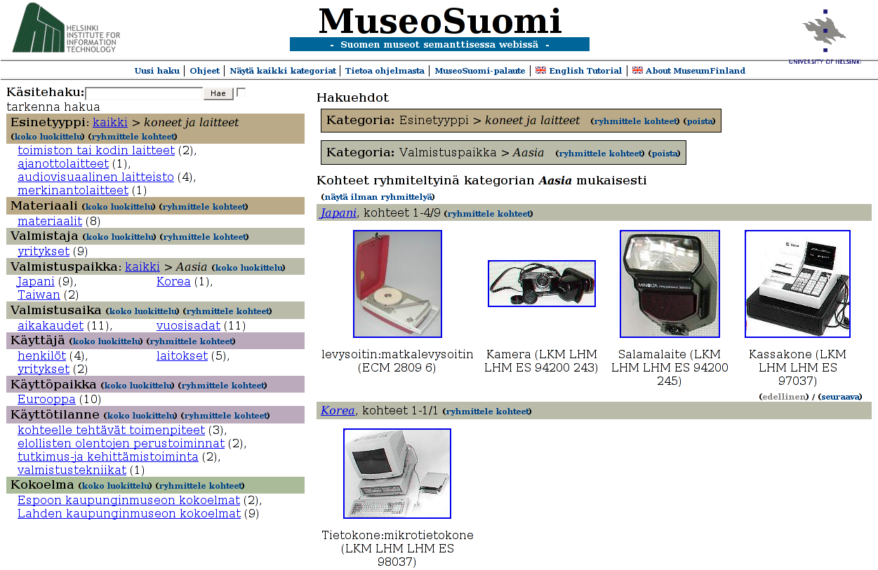 4 Kuva 1: MuseoSuomi on virtuaalinen museonäyttely, joka perustuu moninäkymähakuun. Kuvassa esinejoukko on rajattu koneisiin ja laitteisiin, jotka on valmistettu Aasiassa. aikatiedolle [Mä06].