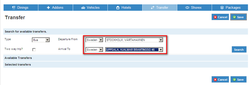 5.5 Transfer Liityntäkuljetusten varaaminen Tältä sivulta varataan bussiliitynnät Ruotsissa ja Baltiassa sekä lauttamatkat Ruotsista Tanskaan ja Saksaan.