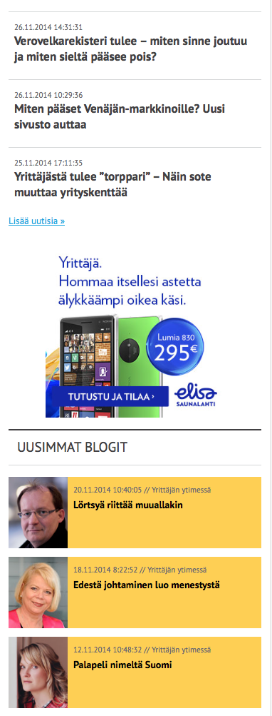 yempi tai aempi on aina imoittajan käytössä. Aasivuia oevat mainospaikat ovat karuseipaikkoja. YRITTAJAT.FI MOBIILI/ AINEISTO-OHJE Mobiiiparaati 00x00 pikseiä, max. 40 kt.