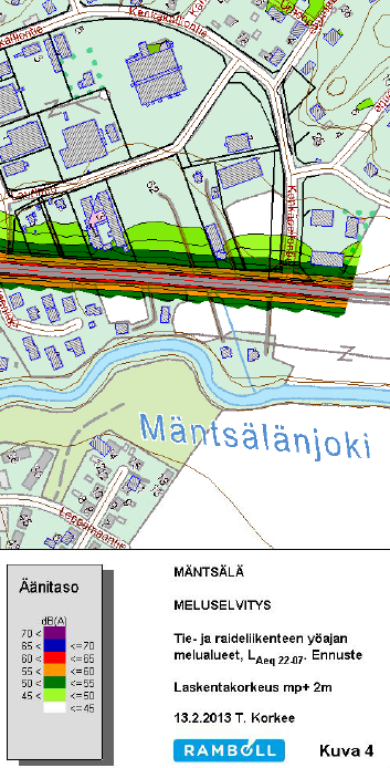 9 Kuva 6. Meluselvitys päivä- ja yöajan äänitasoista ennuste v. 2040. Ote meluselvityksestä / T. Korkee Ramboll Oy: Melu korttelialueilla on ennustetilanteessa v.