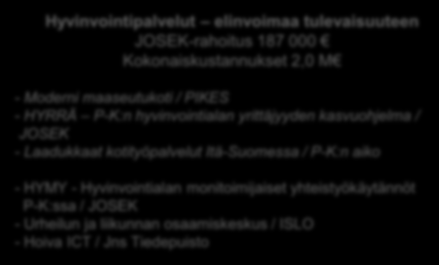 JOSEK Oy:n osarahoittamia, elinkeino-ohjelmaa toteuttavia projekteja 2010-2013 Hyvinvointipalvelut elinvoimaa tulevaisuuteen JOSEK-rahoitus 187 000 Kokonaiskustannukset 2,0 M - Moderni maaseutukoti /