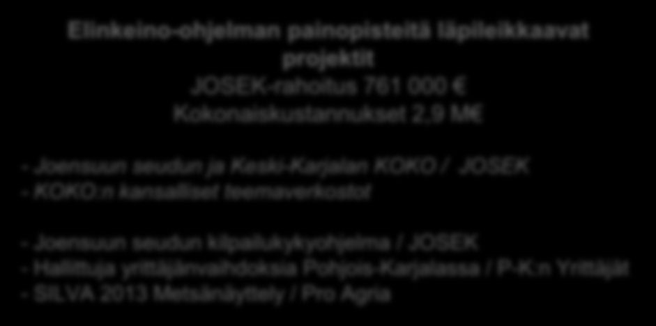 JOSEK Oy:n osarahoittamia, elinkeino-ohjelmaa toteuttavia projekteja 2010-2013 Elinkeino-ohjelman painopisteitä läpileikkaavat projektit JOSEK-rahoitus 761 000 Kokonaiskustannukset 2,9 M - Joensuun