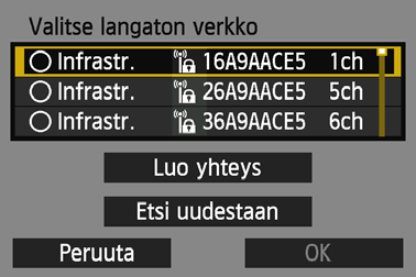 Manuaalinen yhteys verkkohaun avulla (1) (2) (3) (4) 4 5 Valitse [Etsi verkko]. Valitse <V>-painikkeilla [Etsi verkko] ja paina sitten <0>painiketta.