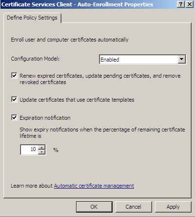 Kuva 18 Sertifikaattisäilö Nyt sertifikaatin luomisen jälkeen voidaan lisätä se aikaisemmassa Windows XP policyn EAP-tyyppi kohtaan painamalla Settings.