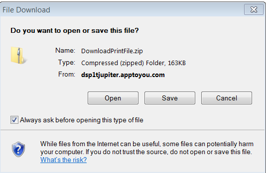Marraskuu 2013 47 (89) Jos tulostustapa ZIP pakkaus oli valittu, kysytään haluaako käyttäjä avata tiedoston, jossa laskut ovat yksittäisinä PDF tiedostoina vai tallentaako