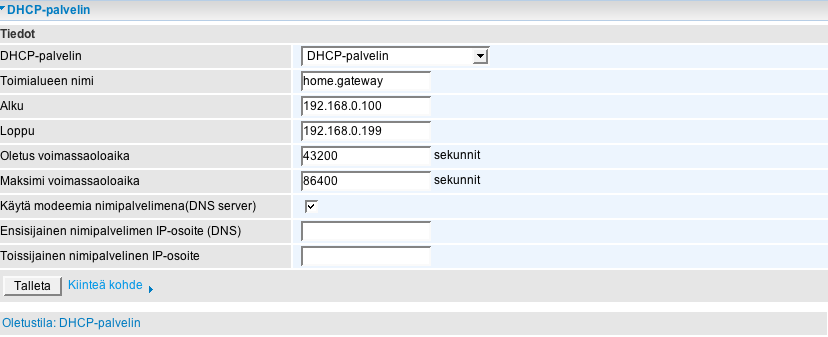 4.4.3.1.5 DHCP-palvelin DHCP palvelin jakaa IP osoitteet automaattisesti sisäverkon (LAN) tietokoneille. Asetusten muuttaminen edellyttää hyviä tietoja DHCP palvelintekniikasta.