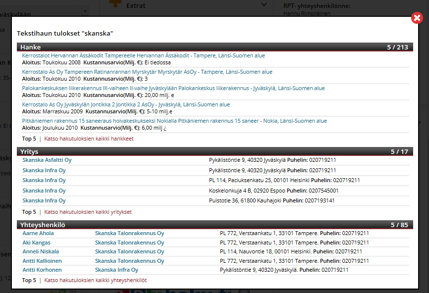 Tekstihaun tulokset Tekstihaun tuloksissa näytetään viisi ensimmäistä osumaa joka osiossa (hanke, yritys ja yhteyshenkilö) järjestettynä asiaankuuluvuuden mukaan.