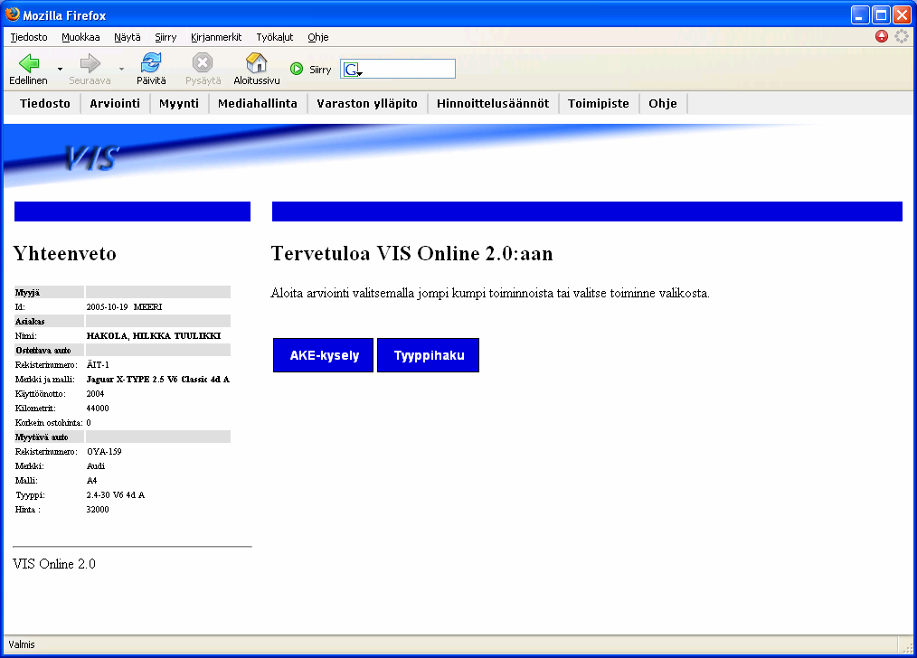 Sivu 91/120 selaimen painikkeet VIS:n valikkorivi Yhteenveto - alue toiminta-alue Kuva 33: Kuva VIS Onlinen käyttöjärjestelmästä. 7.