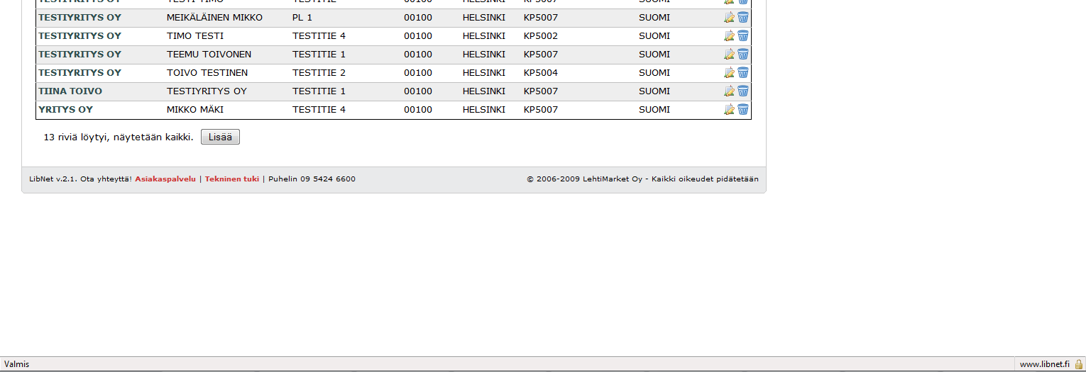 7.2. Toimitusosoitteet Voit poistaa toimitusosoitteen LibNetistä klikkaamalla Poista-painiketta Voit vaihtaa kustannuspaikan toimitusosoitteeseen klikkaamalla Vaihda kustannuspaikka painiketta LM