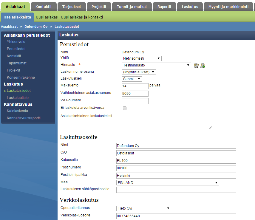 Asiakkaan tietojen Laskutustiedot välilehdellä seuraavat tiedot: