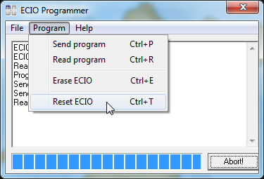 8.) Resetoi ECIO ohjelmointiohjelmasta (Program => Reset ECIO) 9.