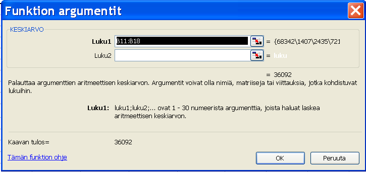 Ohjattu funktion kirjoittaminen Summa-funktio on niin yleinen, että sitä varten on oma painike. Summa-funktiota käytettäessä riittää, että napsauttaa painiketta.