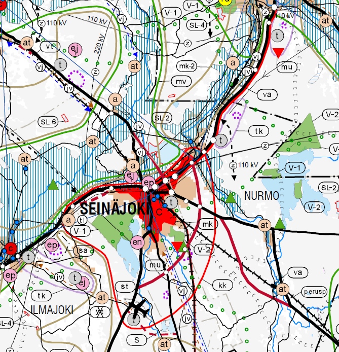 Tavite- ja selstus 17 (43) - Tellisuus- ja varastalue (t) - Valtakunnallisesti merkittävä kulttuurihistriallisesti arvkas khde (sininen pieni ympyrä) - Uusi tie tai linja (itäinen hikulkutie) -