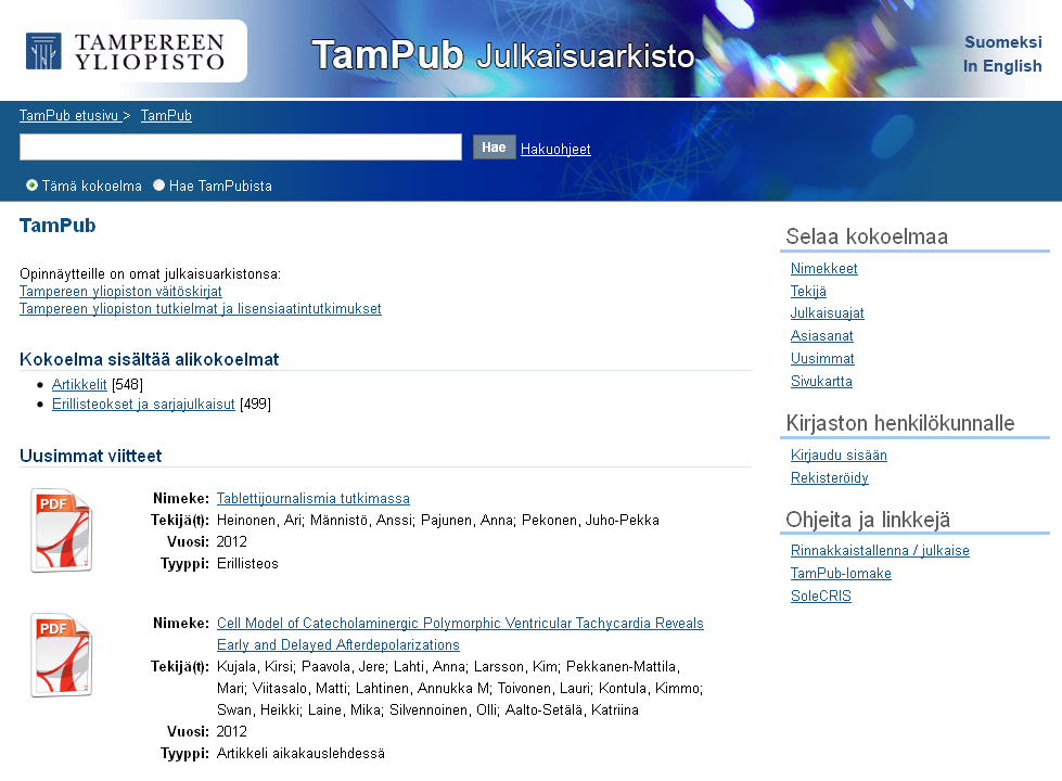 TamPub yhden organisaation oma julkaisuarkistoinstanssi http://tampub.uta.