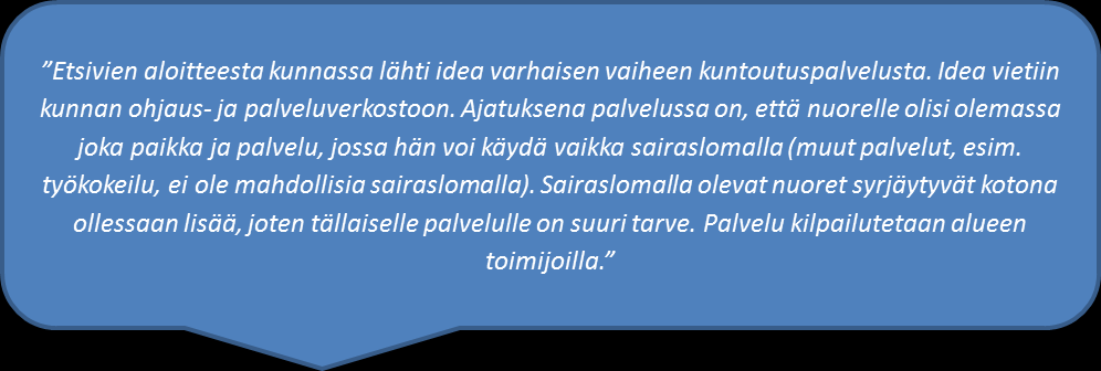 Yhteistyö lähtökohta onnistumiselle Nuorisolain 7a, jonka mukaan kunnassa oltava monialainen nuorten ohjaus- ja palveluverkosto > 90% kunnista Esimerkki