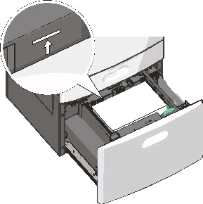 4 Lisää paperi paperialustaan tulostuspuoli ylöspäin. Huomautus: Varmista, että paperin määrä ei ylitä täytön enimmäisrajaa, joka näkyy paperialustan reunassa.