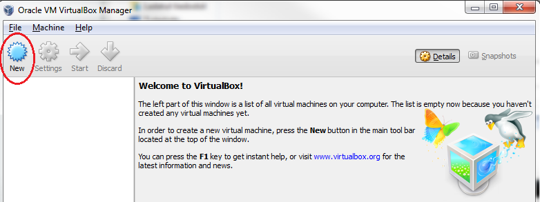 6 3.2 VirtualBox ja sen asetukset 3.2.1 Uusi kone Käynnistä VirtualBox, ja luo uusi kone klikkaamalla New-nappia.