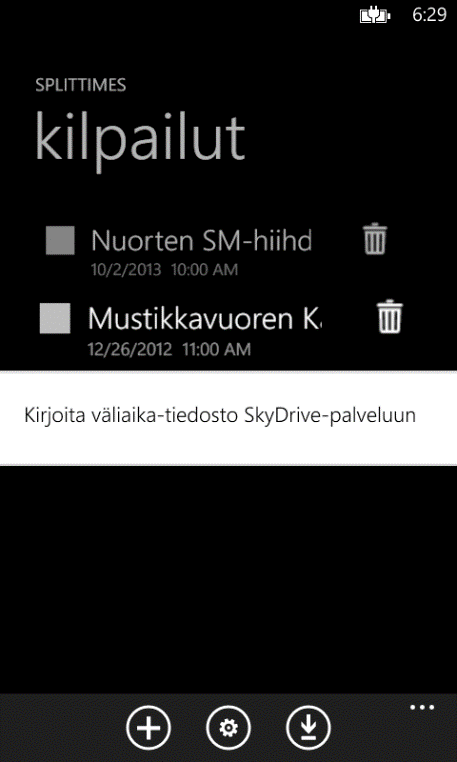 11. Väliaika-tiedoston luonti kilpailun jälkeen Kilpailun jälkeen voit luoda annetuista väliajoista väliaika-tiedoston SkyDrive-palveluun.