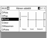 Infotainment-järjestelmä 127 Äänenvoimakkuuden jakaminen eteen ja taakse Äänenvoimakkuuden jakaminen oikealle ja vasemmalle Äänen sävyn optimointi musiikkityylin mukaan Valitse Faaderi.