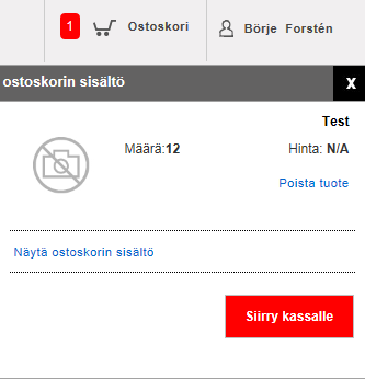 Esimerkki Sivun oikeaan yläkulmaan ilmestyy mini-ostoskori, joka toimii varmistuksena siitä, että tuote on lisätty