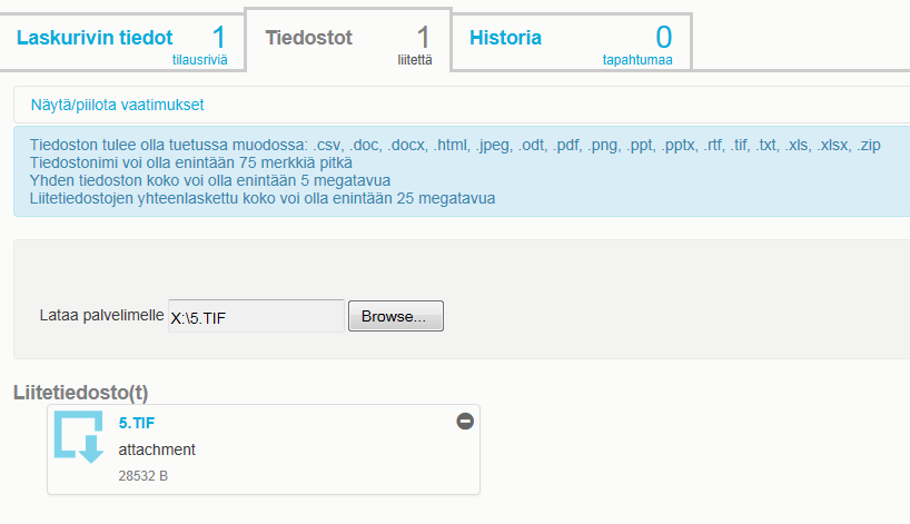 Liitteen saa lisättyä valitsemalla välilehden Tiedostot ja hakemalla