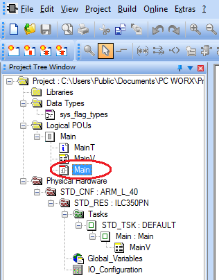 IEC Programming Workspace toimitilan valitseminen Kaksois-klikkaa Project Tree Window