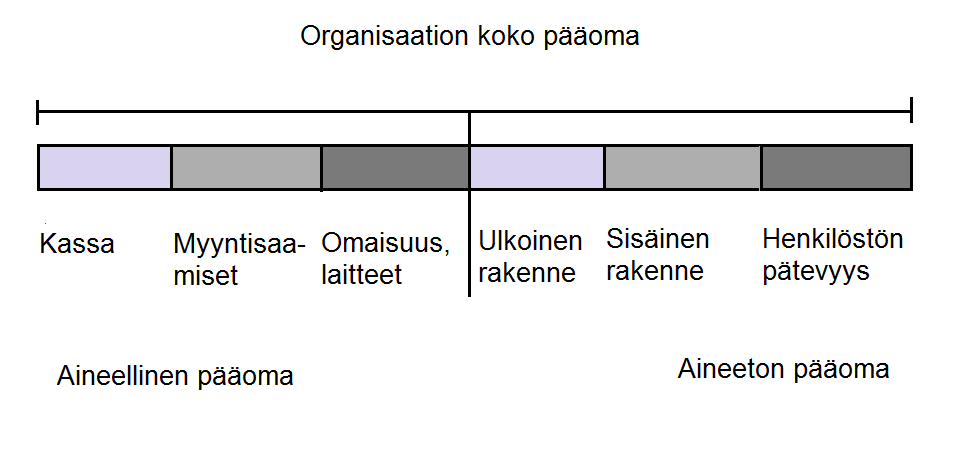 9 Kuvio 1.1 Organisaation koko pääoma (Sveiby, 1997, 11). Hyvin samankaltaisia ovat olleet muutkin jaottelut.