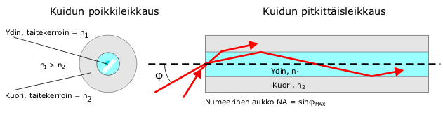 13 KUVA 5. Optisen kuidun toimintaperiaate (Kuituinfo, 2013) 2.4.1 Yksi- ja monimuotokuidut Valokuitutekniikassa sähköinen signaali muutetaan valoimpulsseiksi LED- tai laserlähettimillä.