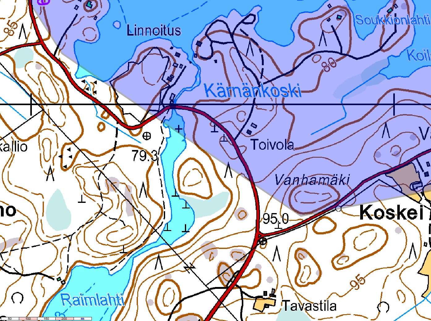 28 Kuva 23. Kärnänkosken sijainti Kuolimon ja Suur-Saimaan välissä (sininen Suur-Saimaan kalastusaluetta). Kunnostus suoritettiin ns.
