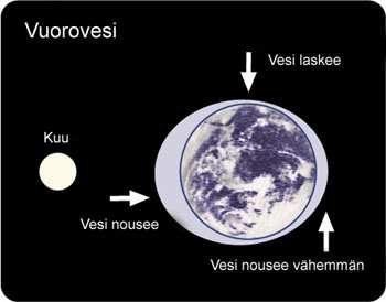 Vuorovesi-ilmiö Kuun painovoima Maahan: suurempi lähempänä olevaan puoliskoon heikompi kauempana olevaan puoliskoon pyrkii aiheuttamaan Maan venymisen Huom: symmetrinen Maan keskipisteen suhteen