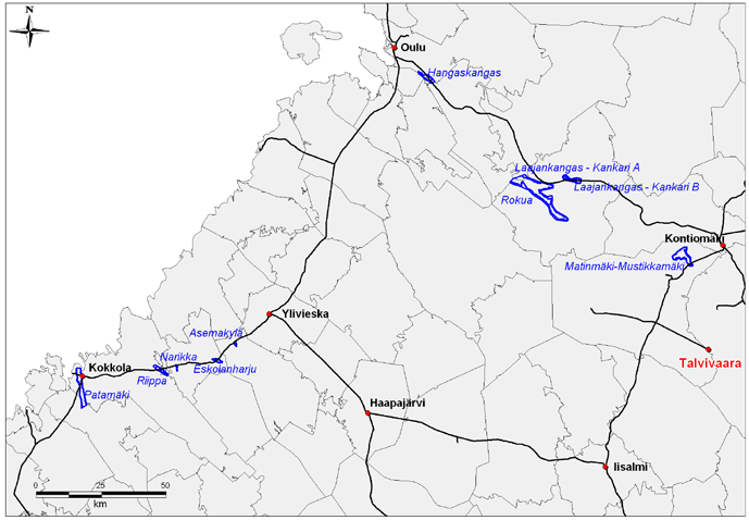 Kuva 7-4. Uraanipuolituotteen rautatiekuljetusreiteillä Talvivaarasta Ouluun ja Kokkolaan sijaitsevat pohjavesialueet (Pohjavesialueet SYKE, ELY-keskukset). 7.3.