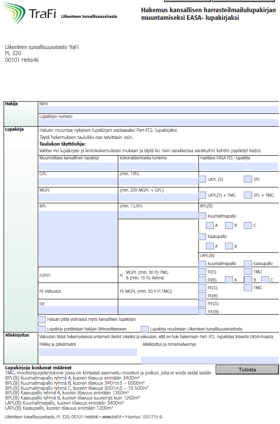 Lomakkeet: Lupakirjahakemus LU3133 ja EASA muunto