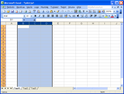 Microsoft Excel perusteita 22 (36) 9 Alueen valinta 9.1 Sarakkeen valinta Koko sarakkeen voit valita osoittamalla hiiren kohdistimella ja napsauttamalla hiiren ykköspainiketta saraketunnuksen päällä.