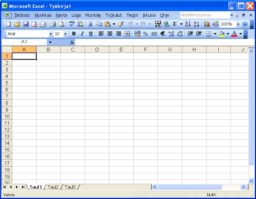 Microsoft Excel perusteita 5 (36) 2 MS Excel käyttöliittymä 2.1 Yleisnäkymä Kun Microsoft Excel taulukkolaskenta-ohjelma käynnistyy on MS Excel ikkuna alla olevan kuvan mukainen.