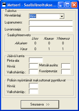 Otsikkorivi Otsikkorivillä näet viimeisenä numeron. Tämä numero kertoo kuinka monta saalista tietokannassa on. Työkalupalkki Uusi: Lisää uuden tyhjän saalistiedon tietokantaan [F2].