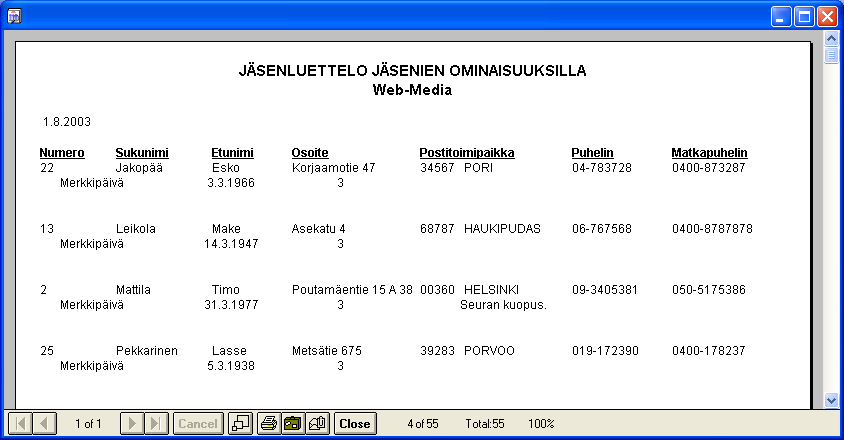 Tulosta raportti maaliskuussa merkkipäivä Lisätietoja kappaleessa 4. Valitse Raportit -valikosta Luettelot ja tarrat. Täytä Hakuehdot -kyselyikkuna kuten kuvassa.