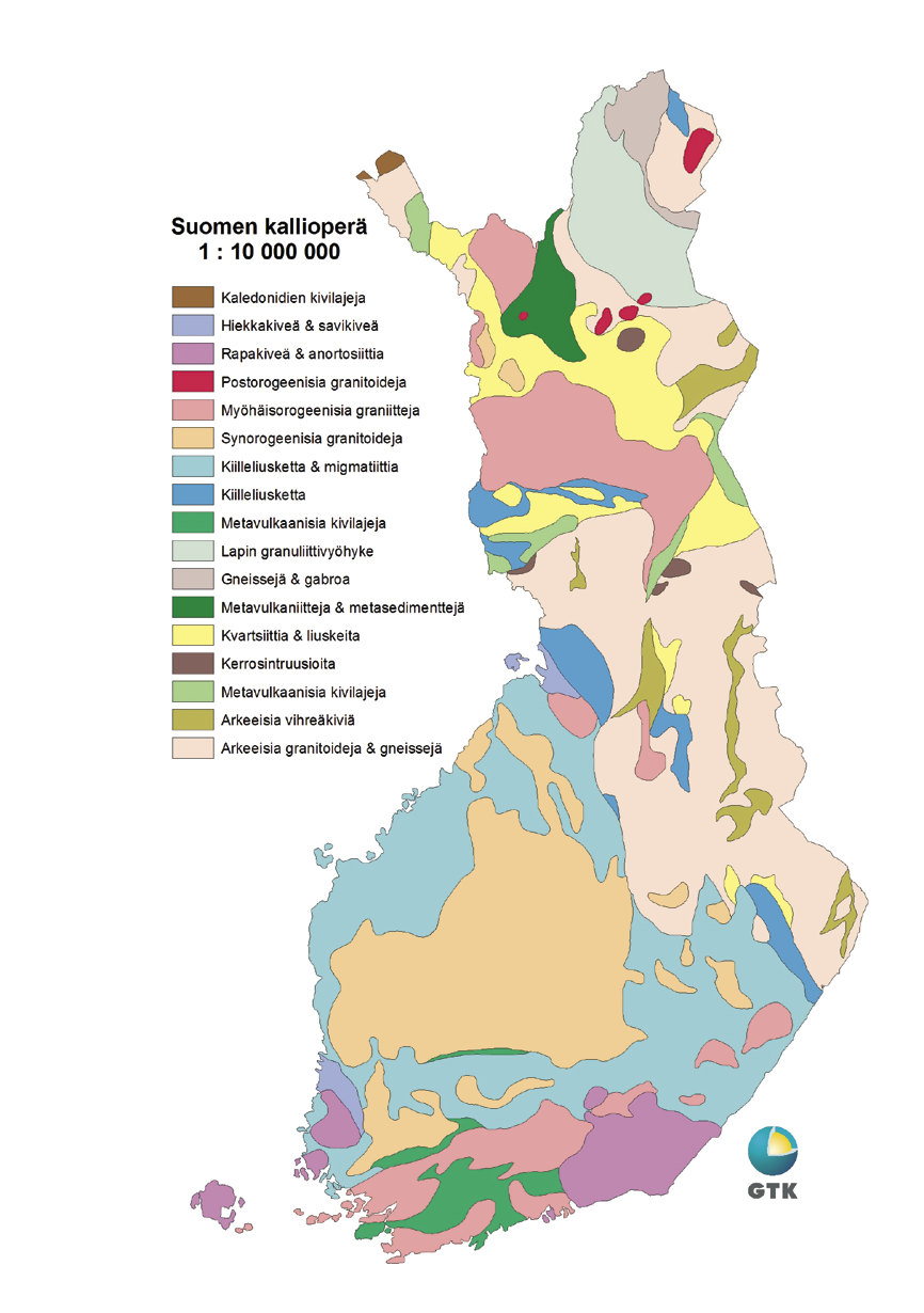 Kartta 4. Suomen kallioperäkartta. Alkuperäinen kartta on mittakaavassa 1:10 000 000. Kartasta saa yleiskuvan Suomen kallioperästä ja sen kivilajeista.