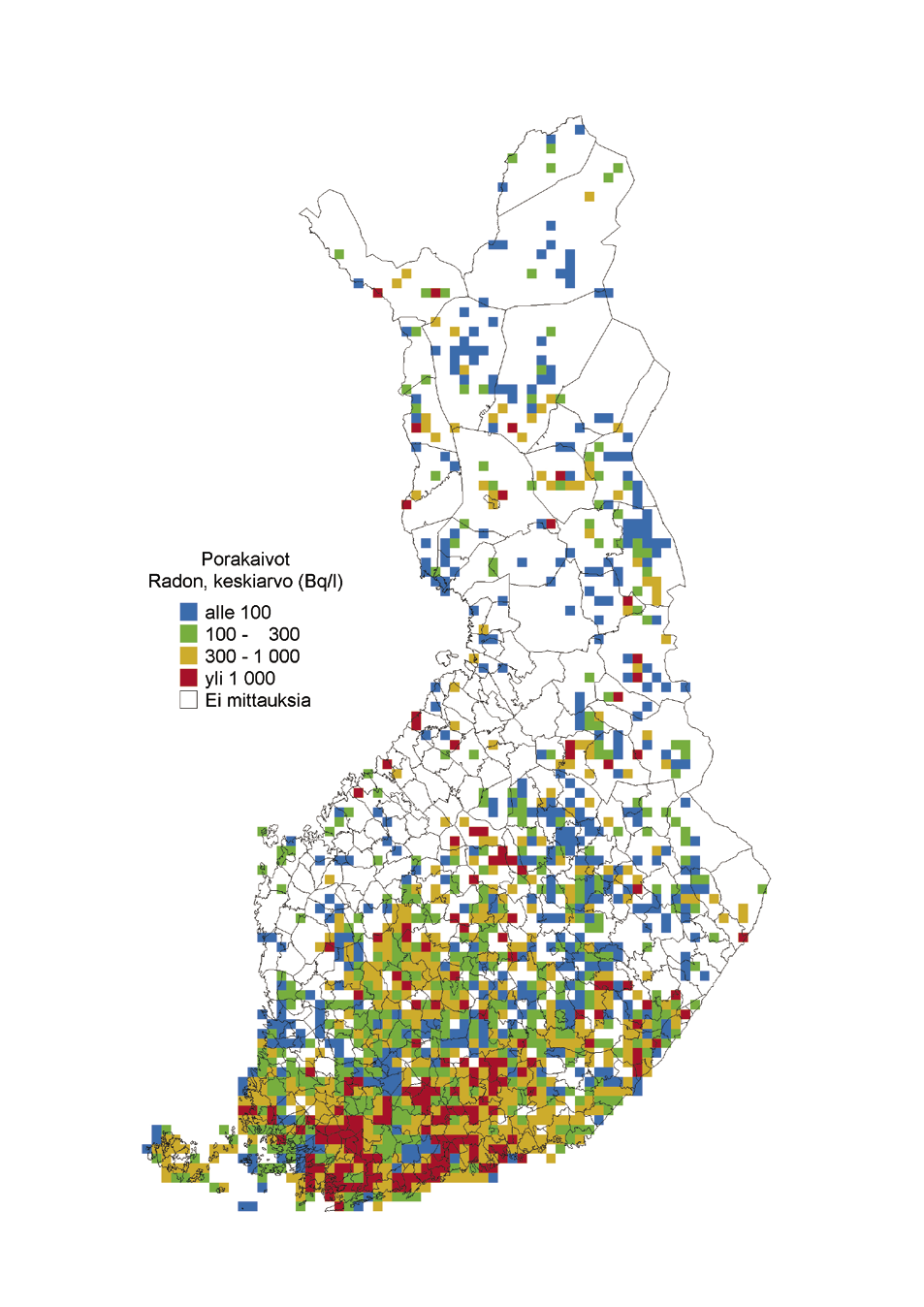 Porakaivot Radon keskiarvo (Bq/l) alle 100 100 300 300 1 000 yli 1 000 Ei mittauksia Kartta 5. Suomen radonkartta. Alkuperäinen kartta on mittakaavassa 1:13 240 000.