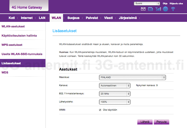 11. Kohdassa WLAN ja Lisäasetukset voit muuttaa mm. WLAN-kanavaa, kaistanleveyttä ja lähetystehoa.