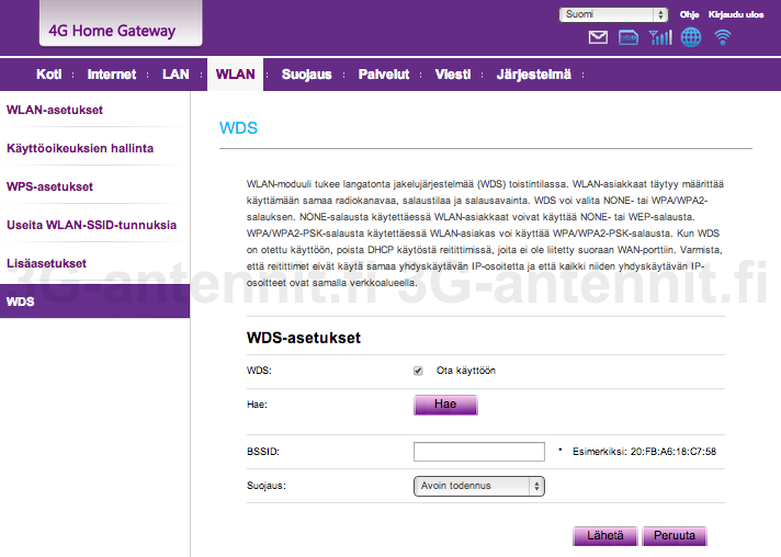 12. WDS-asetuksen avulla voit parittaa B593s-reitittimesi toisen WDSominaisuudella varustetun WLAN-tukiaseman kanssa. Näin voit laajentaa langattomasti verkon kuuluvuutta toiseen tukiasemaan esim.