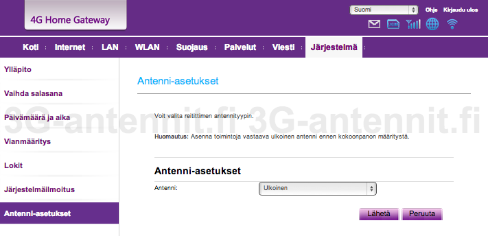 13. Jos signaali on alueellasi huono ja joudut käyttämään ulkoista 3G-antennia (perinteinen antenni) tai 4G-antennia (ristipolarisaatioantenni eli kaksoisantenni), muuta silloin antenniasetukset