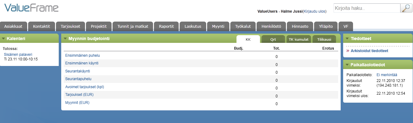 Pääsivu Pääsivun käyttöliittymä Pääsivun tietosisältö kuten aikaisemmin. Elementtejä voi avata ja sulkea.