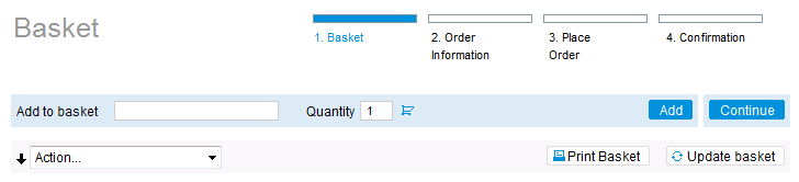 1. Basket Voit lisätä ostoskoriin lisää tuotteita: Add to basket -kenttä + määrä (Quantity) + klikkaa Add-painiketta Muista päivittää ostoskori Update basket Tuotteita voit etsiä ja lisätä