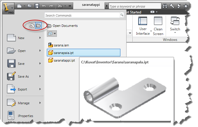 Sovellusvalikon Recent Documents -painike luettelee viimeksi käsiteltyjä tiedostoja. Open Documents -painike kertoo avoimet tiedostot.