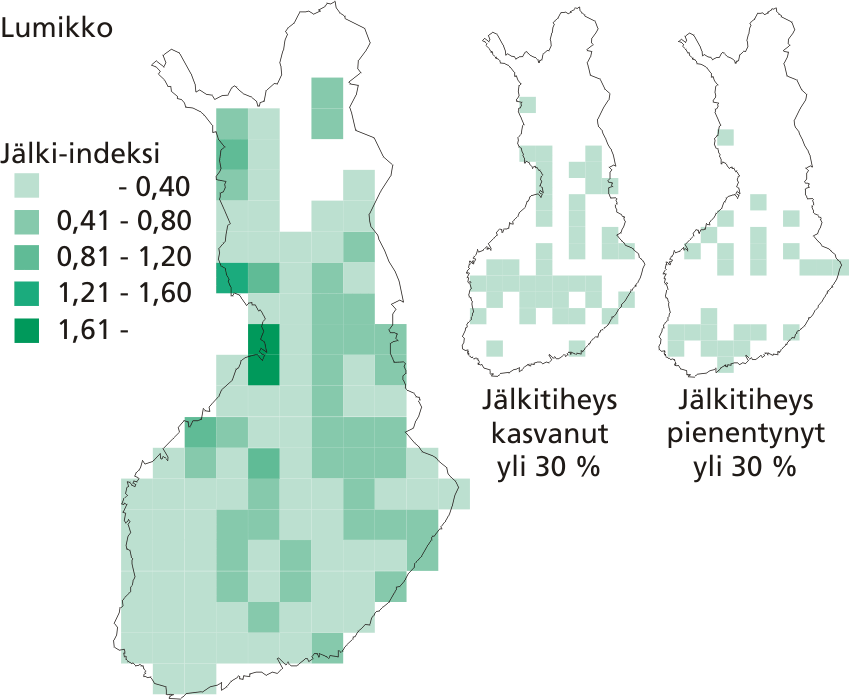 Lumikon jälki-indeksit (jälkiä/10 km/vrk) 50 x 50 km:n ruuduissa